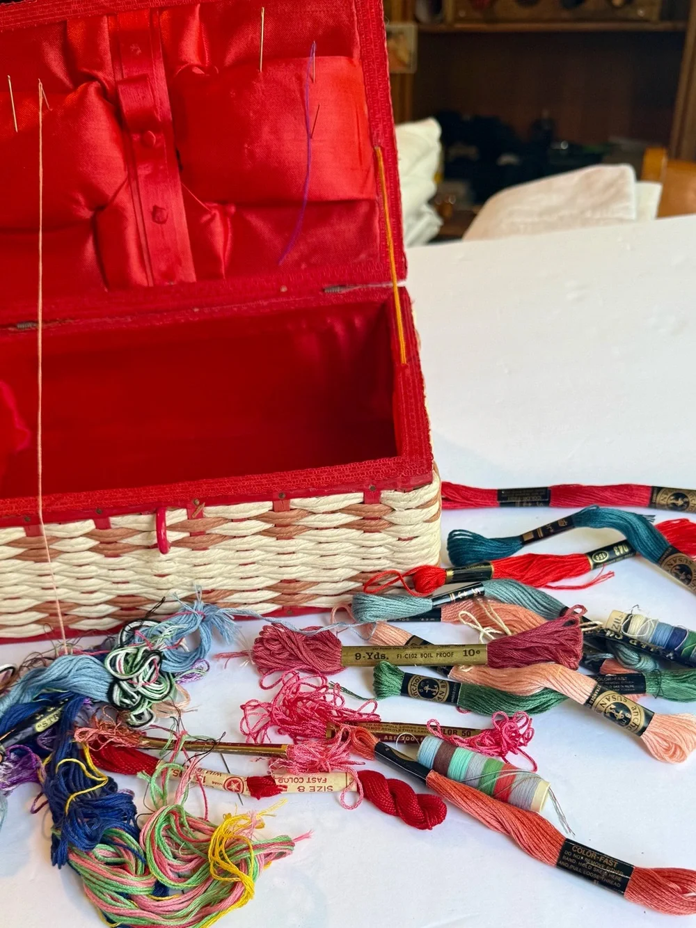 Vintage Red Woven Sewing Basket